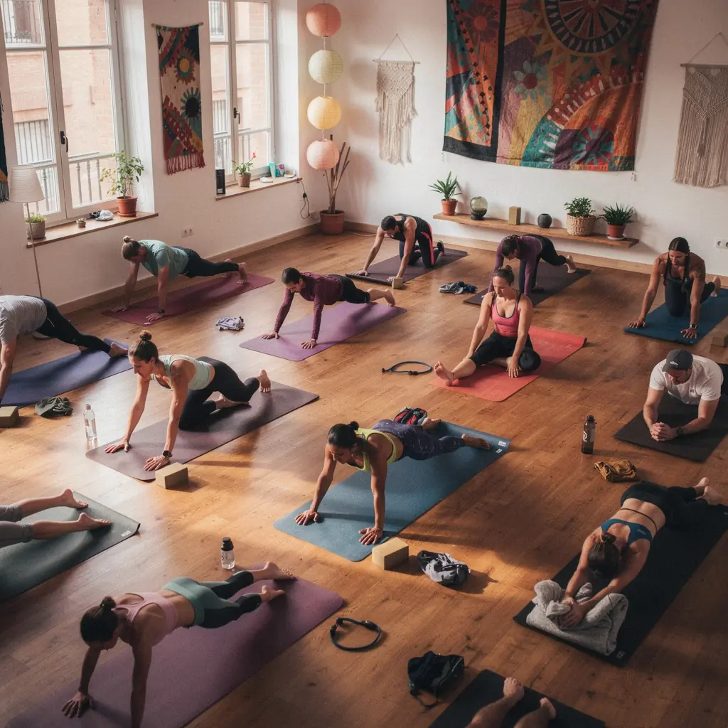Una imagen de un atleta estirándose en una colchoneta de yoga, con un paisaje natural de fondo que inspira calma y concentración.