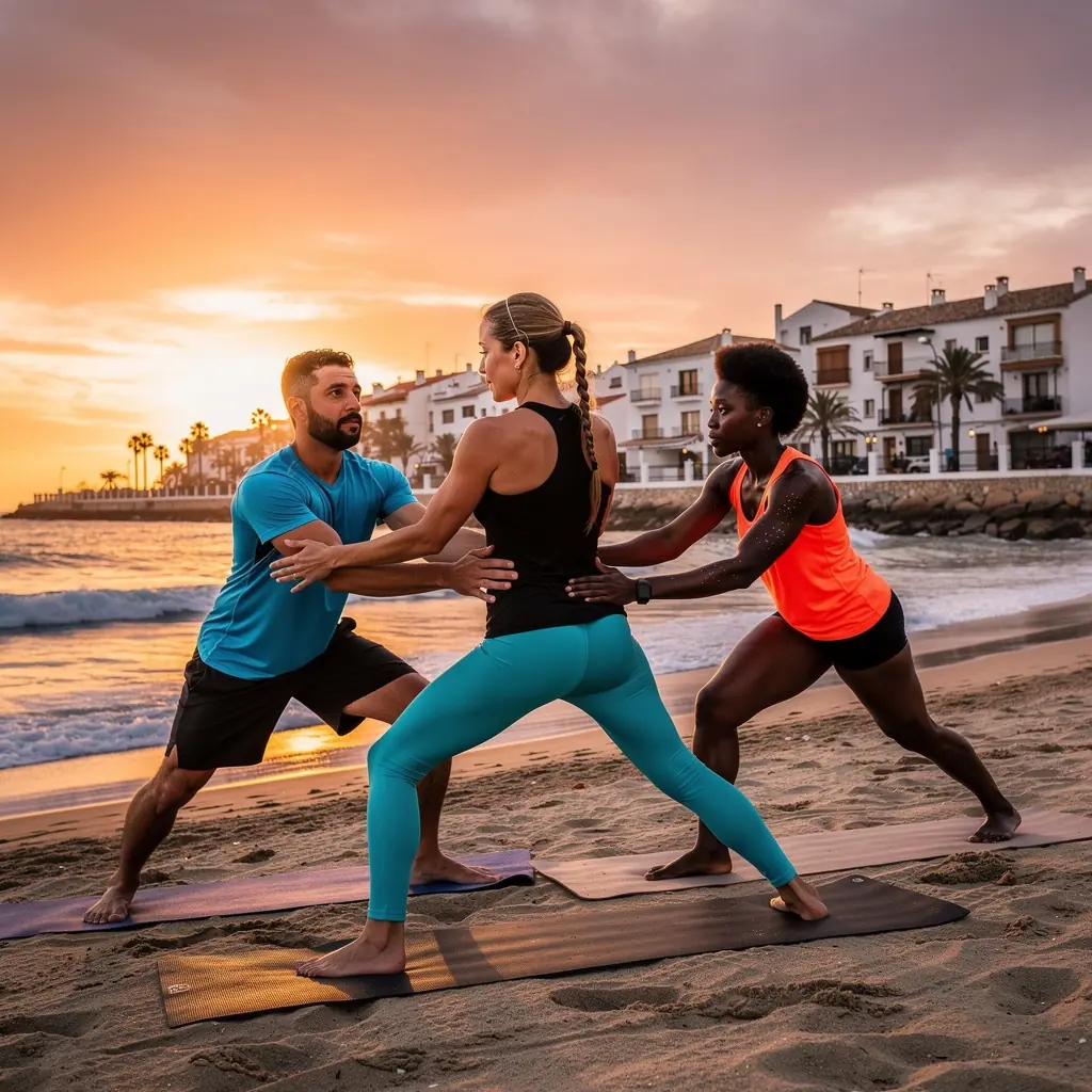 Un grupo de atletas realizando posturas de yoga en un campo al aire libre, enfocándose en la flexibilidad y la fuerza.
